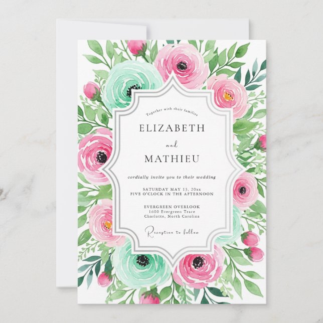 Pink Aqua Ethereal Floral Wedding Inbjudningar (Framsida)