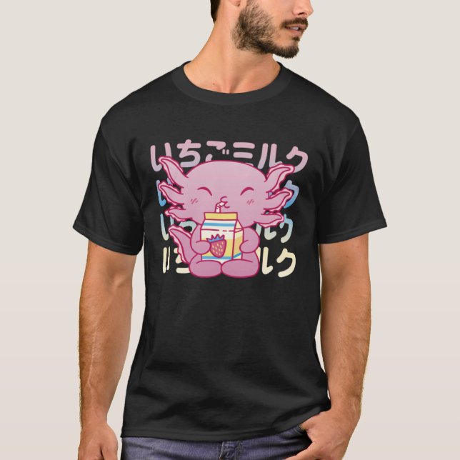 Pink Axolotl Drinking Strawberry Milk T Shirt (Framsida)
