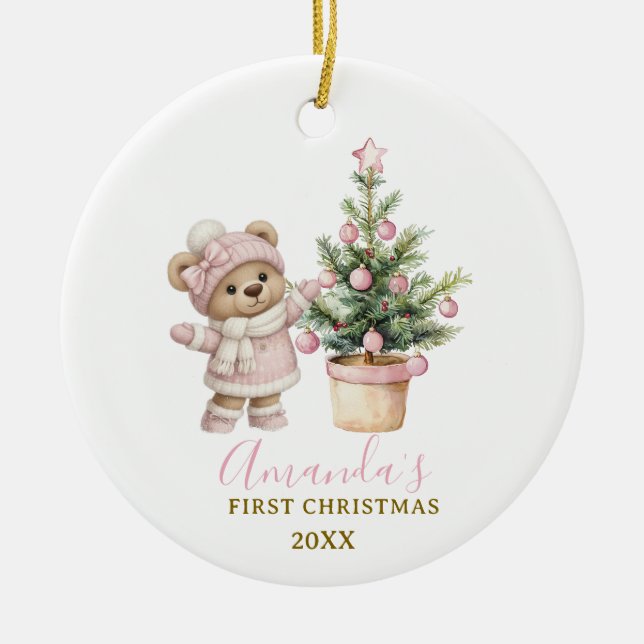 Pink Baby Bear First Christmas Keepsake Julgransprydnad Keramik (Framsidan)