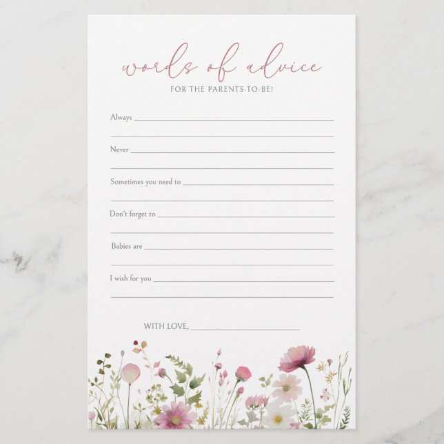 Pink Baby In Bloom Wildflower Baby Advice Card (Framsida)