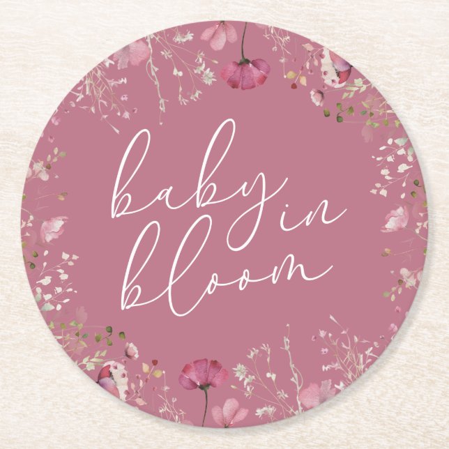 Pink Baby In Bloom Wildflower Baby Shower Underlägg Papper Rund (Framsidan)