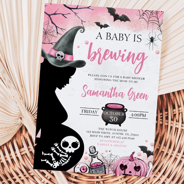 Pink Baby is Brewing Halloween Baby Shower Inbjudningar (Skapare uppladdad)