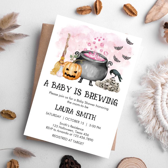 Pink Baby is Brewing Halloween Baby Shower Inbjudningar (Pink Baby is Brewing Halloween Baby Shower Invitation)