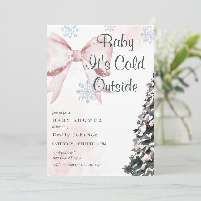 Pink Baby It's Cold Outside Bow Girl Baby Shower Inbjudningar (Stående Fram)