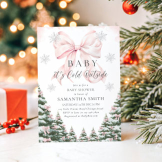 Pink Baby It's Cold Outside Bow Girl Baby Shower Inbjudningar