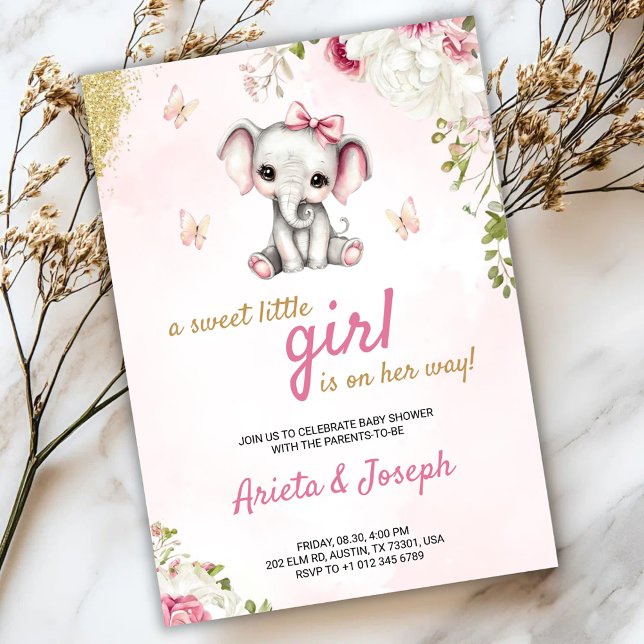 Pink baby shower invitation with a cute elephant  inbjudningar (Skapare uppladdad)