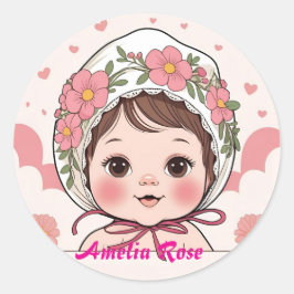 Pink Baby Shower Sticker with Watercolor Flowers & Runt Klistermärke