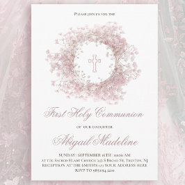 Pink Baby's Breath flowers First Holy Communion Inbjudningar