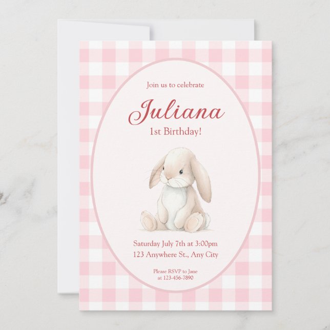 Pink Babys First Birthday Bunny Invitation Inbjudningar (Framsida)