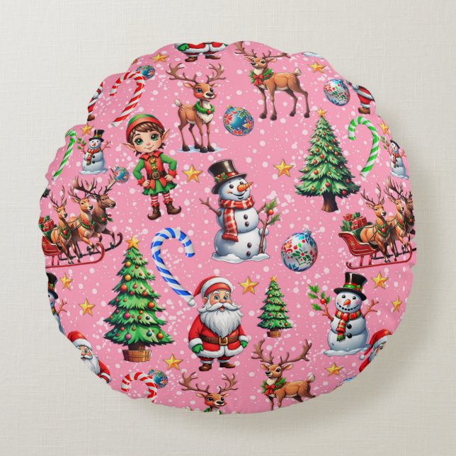 Pink Background Christmas Decorative Pattern Rund Kudde (Framsidan)
