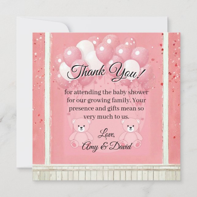 Pink Ballon and Teddy Bear Thank You Card Tack Kort (Framsida)