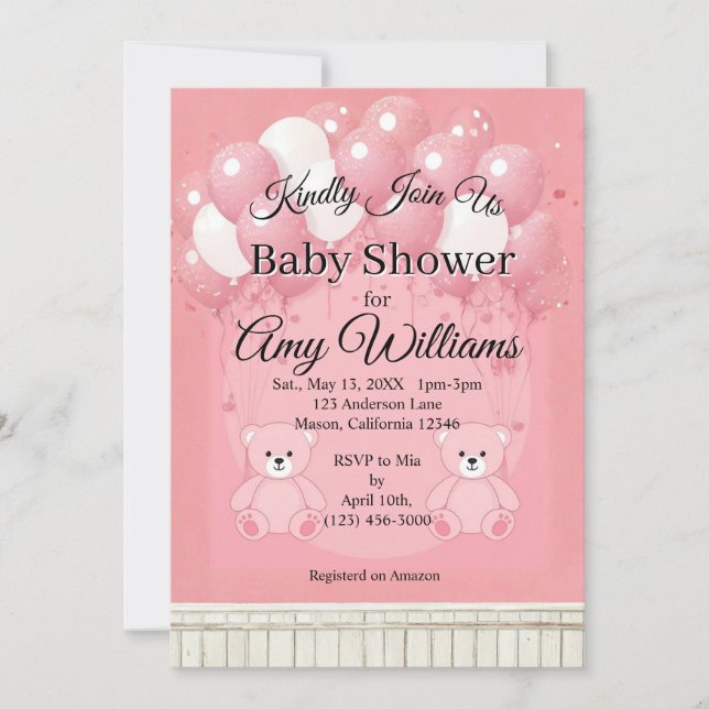 Pink Balloon baby shower Invitation Inbjudningar (Framsida)