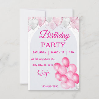 Pink Balloon Birthday Party Invitation Watercolor Inbjudningar