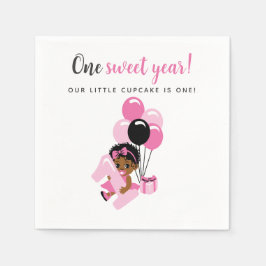 Pink Balloon Black Baby Girl 1st Birthday Pappersservett