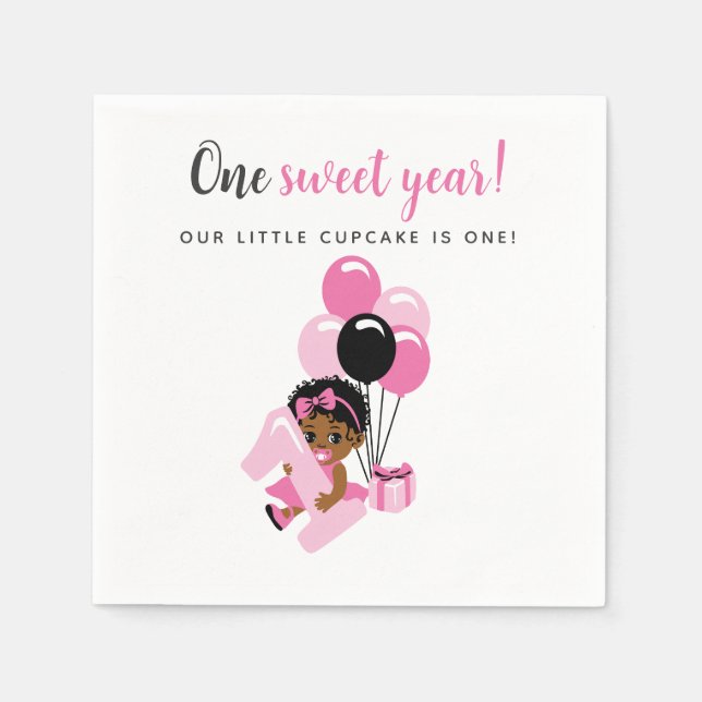 Pink Balloon Black Baby Girl 1st Birthday Pappersservett (Framsidan)