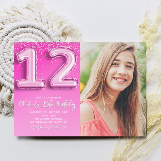 Pink Balloon Number 12 Girl's Birthday with Photo  Inbjudningar (Skapare uppladdad)