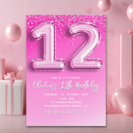 Pink Balloon Numbers 12th Birthday for Girl Inbjudningar