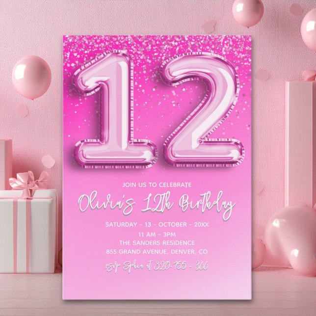 Pink Balloon Numbers 12th Birthday for Girl Inbjudningar (Skapare uppladdad)