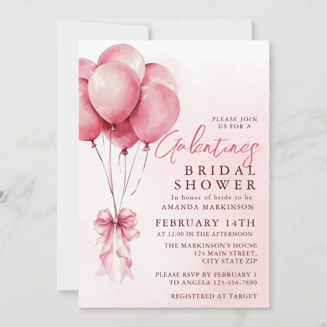 Pink Balloon Watercolor Galentines Bridal Shower Inbjudningar (Framsida)