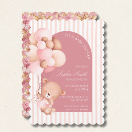 Pink Balloons, Stripes Bloom Baby Shower Scalloped Inbjudningar
