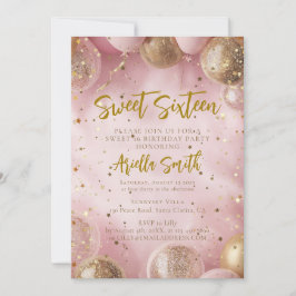 Pink balloons sweet 16 gold confetti inbjudningar