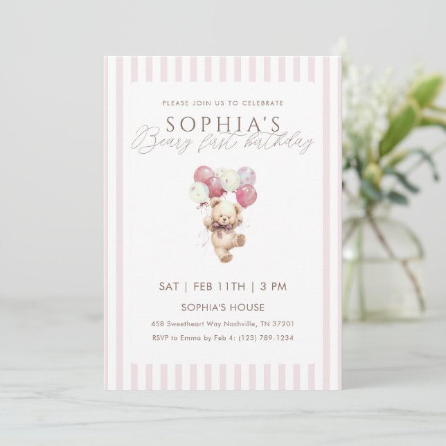 Pink Balloons Teddy Bear 1st Birthday Inbjudningar (Stående Fram)
