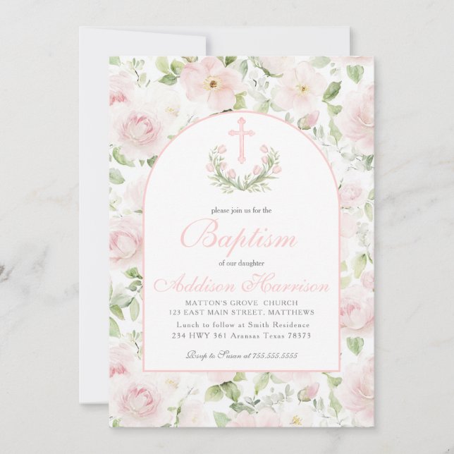 Pink Baptism Invitation, Girl Baptism,  Inbjudningar (Framsida)