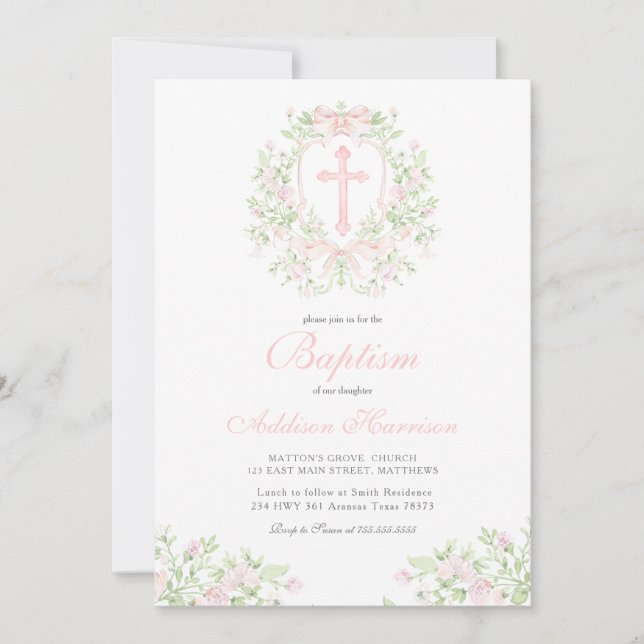 Pink Baptism Invitation, Girl Baptism,  Inbjudningar (Framsida)