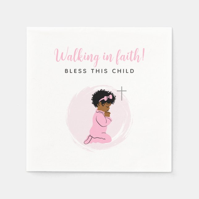 Pink Baptism Napkins with Black Praying Baby Girl Pappersservett (Framsidan)