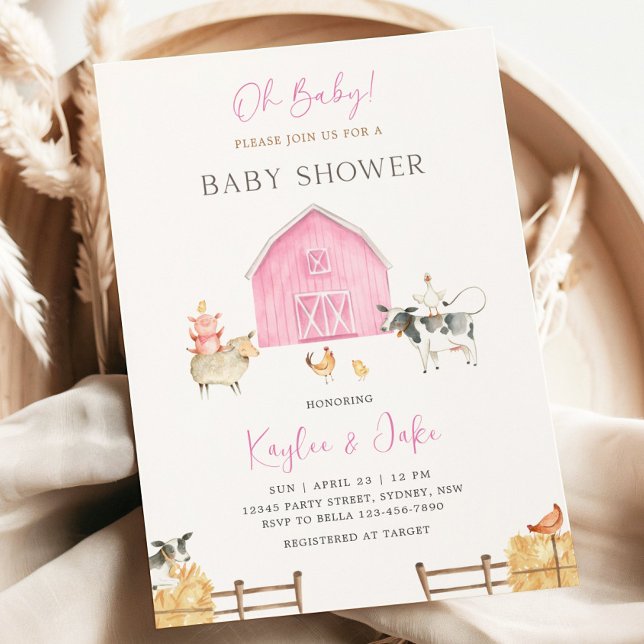 Pink Barn Farm Animals Oh Baby Girl Baby Shower Inbjudningar (Skapare uppladdad)