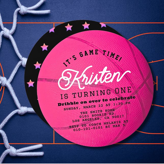 Pink Basketball Shape Girl 1st Birthday Circle Inbjudningar (Skapare uppladdad)