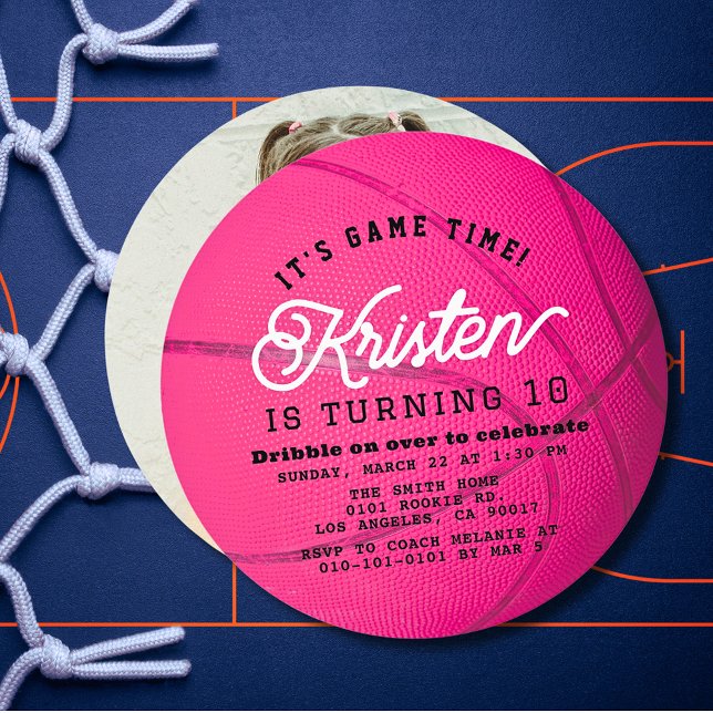 Pink Basketball Shape Photo Girl Birthday Circle Inbjudningar (Skapare uppladdad)
