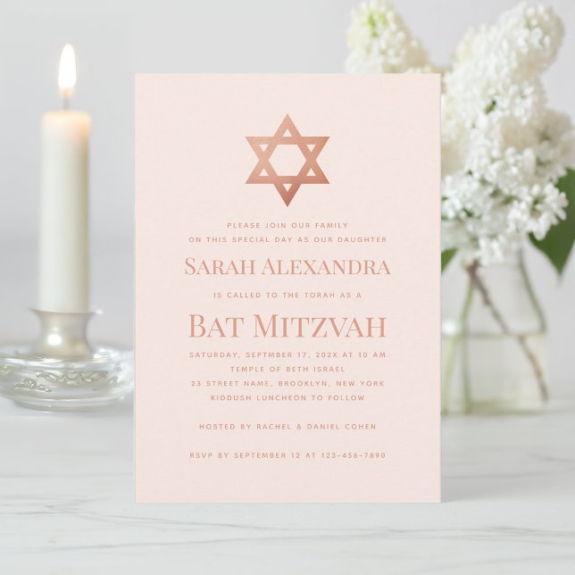 Pink Bat Mitzvah Simple  Rose Gold Star of David  Inbjudningar (Skapare uppladdad)