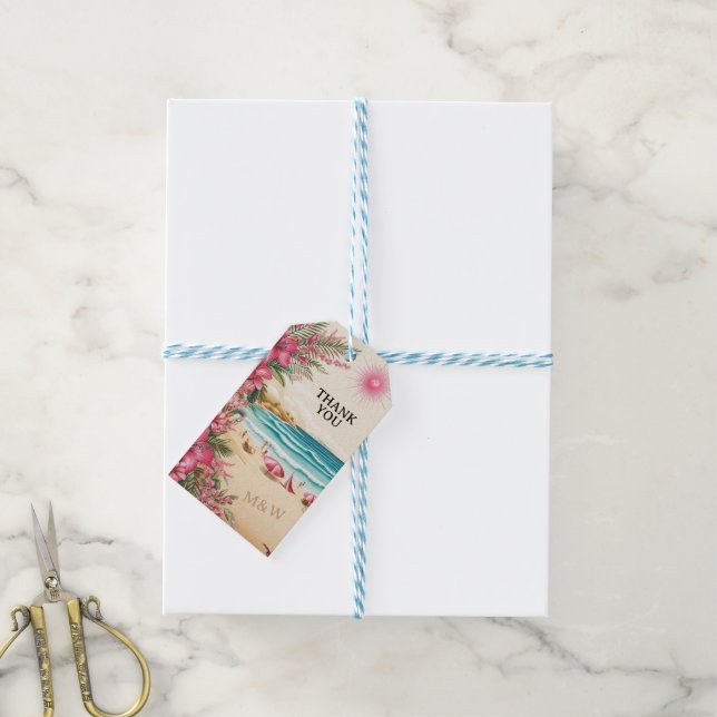 Pink Beach Wedding Presentetikett (Med Snöre)