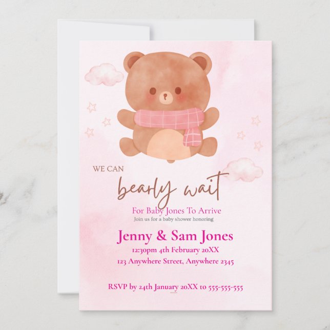 Pink Bear Baby Shower Invitation | Cute & Customis Inbjudningar (Framsida)