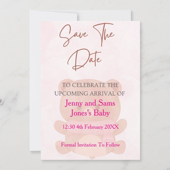 Pink Bear Baby Shower Save the Date Card | Cute &  Inbjudningar (Framsida)
