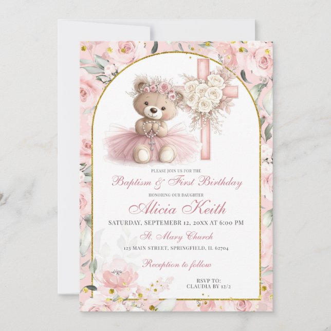 Pink Bear Baptism & First Birthday Invitation Inbjudningar (Framsida)