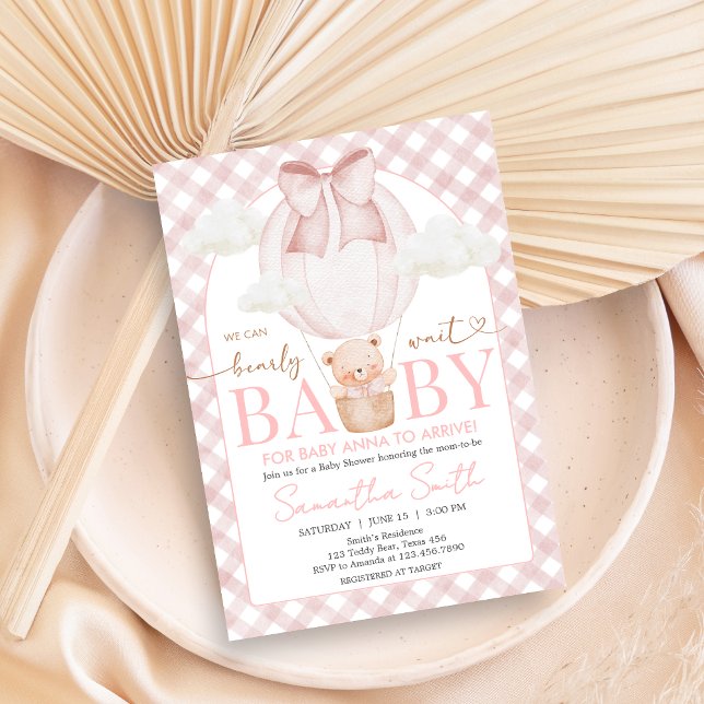 Pink Bear Bearly Wait Baby Shower Inbjudningar (Bearly Wait Baby Shower Invitation)