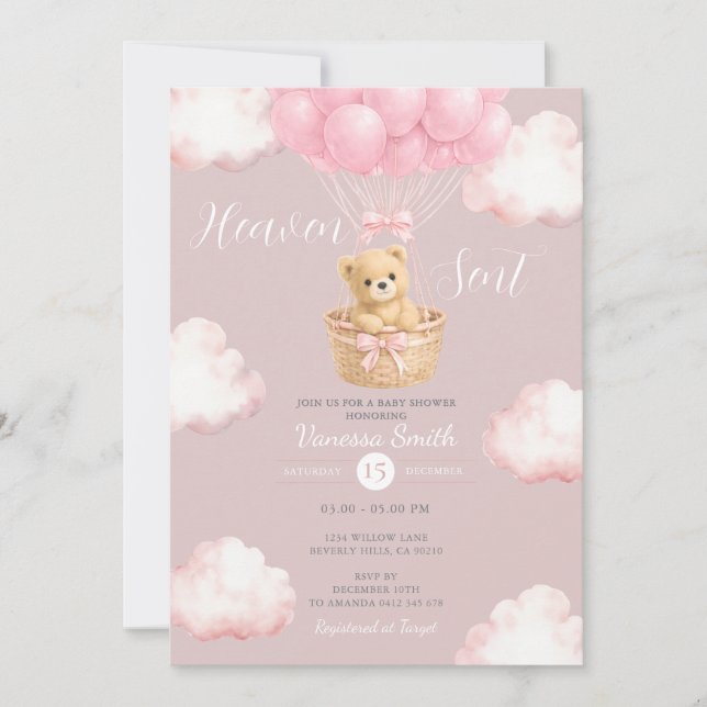 Pink Bear Heaven Sent Balloon Baby Shower Invite Inbjudningar (Framsida)
