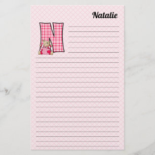 Pink Bear Mongram N Lined with Name Brevpapper