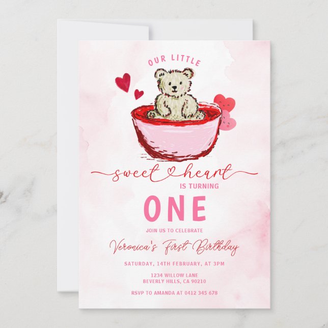 Pink Bear Sweetheart Valentine 1st Birthday Inbjudningar (Framsida)