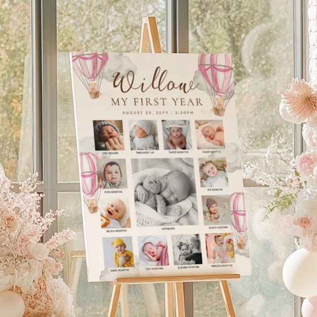 Pink Beary First Birthday Photo Timeline Poster (Skapare uppladdad)