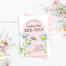 Pink Bee-Day Birthday Invitation with Daisies Inbjudningar