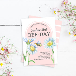 Pink Bee-Day Birthday Invitation with Daisies Inbjudningar