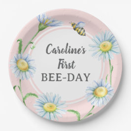 Pink Bee-Day Birthday Paper Plates with Daisies