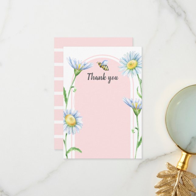 Pink Bee with Daisies Thank You Cards Tack Kort (Fram/Back In Situ)