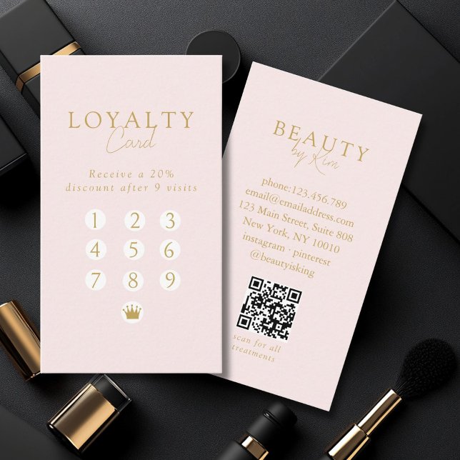 Pink & Beige-Gold  Minimal Salon QR Code Loyalty Visitkort (Pink & Beige-Gold Minimal Salon QR Code Loyalty Business Card)