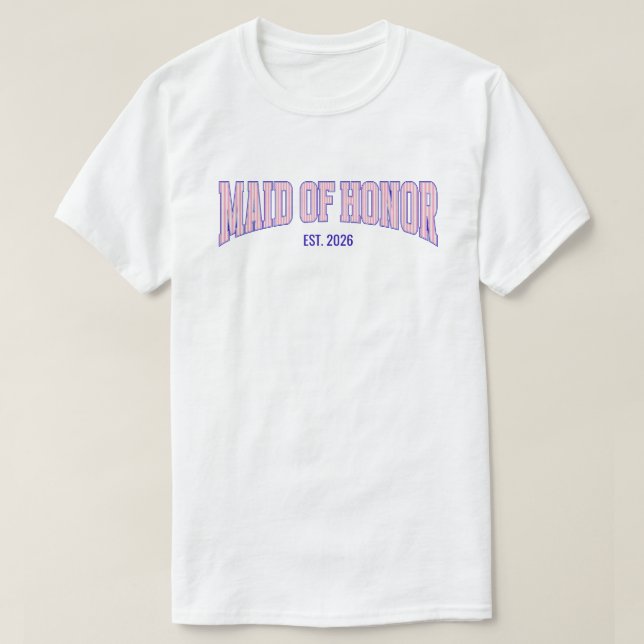 Pink + Beige Stripe Navy MAID OF HONOR  T Shirt (Design framsida)