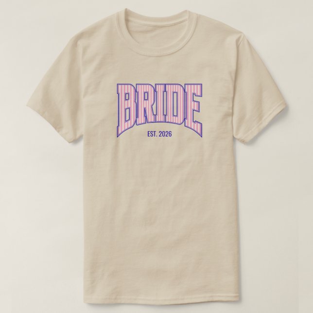 Pink + Beige Stripe Navy Varsity BRIDE T Shirt (Design framsida)