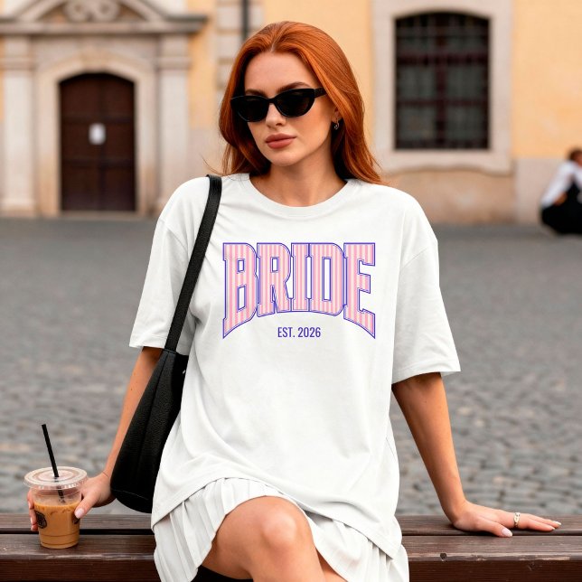 Pink + Beige Stripe Navy Varsity BRIDE T Shirt (Personalize with names, dates, locations or events.)